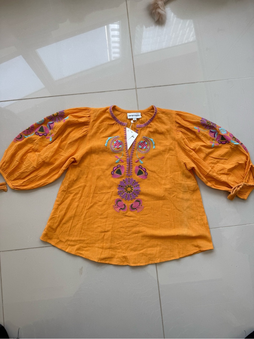 NWT Antik Batik Orange Embroidered Peasant Blouse size L
